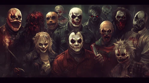 Macabre clown-mask cohort in cinematic digital horror tableau.