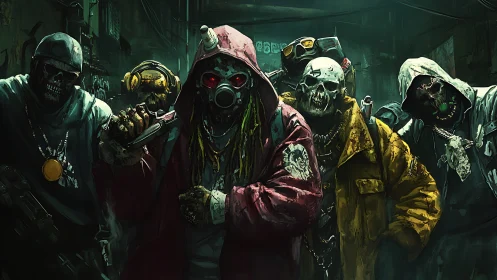 Masked cyberpunk gang advances through a toxic neon alleyway