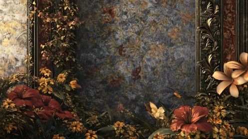 Floral foreground frames textured blue and gold central panel