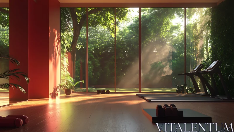 Sunlit home gym opens onto lush garden through glass wall