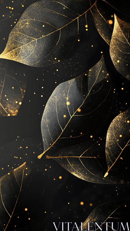 Golden particle-veined leaves on black atmospheric field.