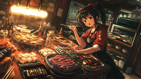 Anime sushi chef plating assorted sashimi under warm lights.