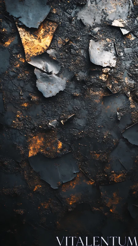 Warm ember glow beneath charred, peeling textures of night.
