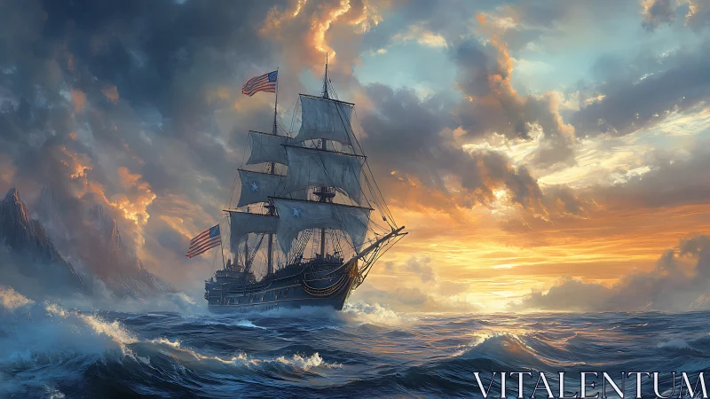 Majestic tall ship rides stormy waves toward glowing horizon.