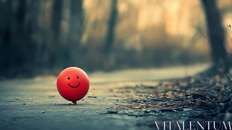 Cheerful red ball on a deserted forest pathway at dusk.