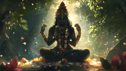 Forest goddess braids sunlight and petals in quiet prayer