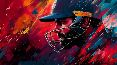 Cricket batter portrait ignites with neon kinetic strokes.