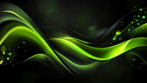Luminous green wave ribbons over dark abstract field.