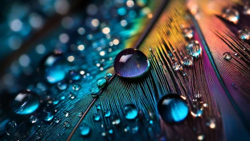Macro view of water droplets on multicolored feather surface.