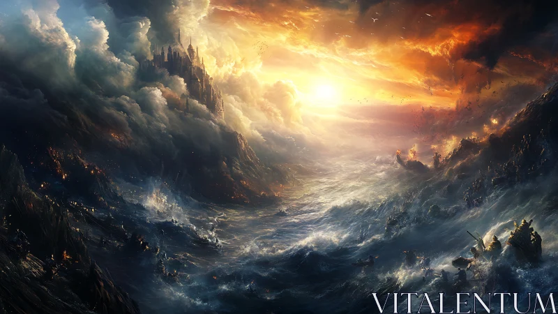 Storm-lashed fantasy citadel amid apocalyptic sunrise seas.