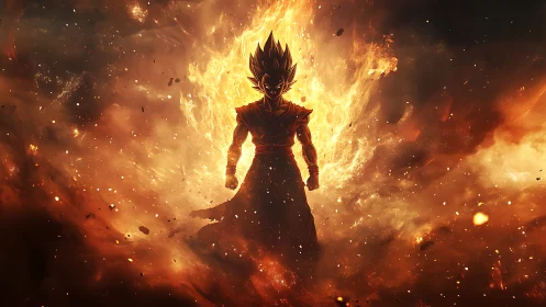 Fiery anime warrior silhouette stands centered in explosive flames