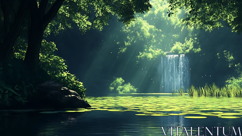 Sunlit forest waterfall illuminates tranquil lily-covered lagoon