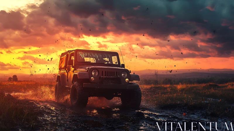 Off-road SUV powers through wet terrain at vivid sunset.