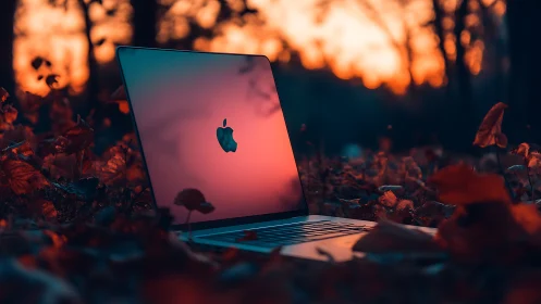 Laptop with reflective screen in autumn forest bokeh light.