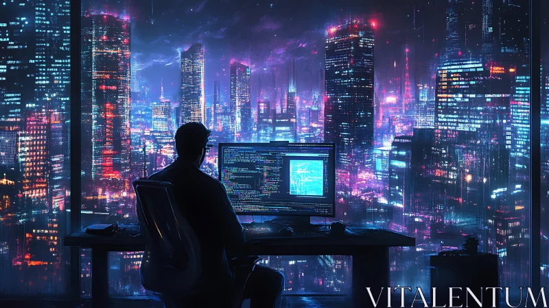 Coder at midnight window weaving light into neon skyline.
