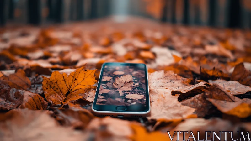 Smartphone lying on autumn leaves in forest path.