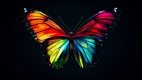 Vibrant multicolored butterfly on dark black background.
