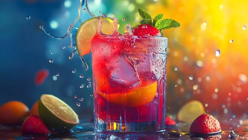 Vibrant Splash: Red Cocktail with Fresh Fruit and Ice.