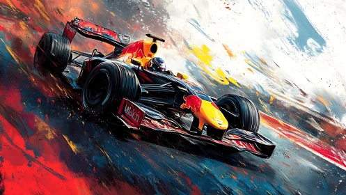 Formula 1 car powers through abstract track at speed