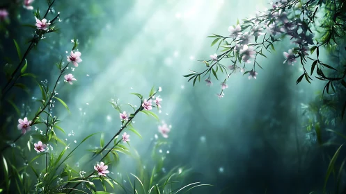 Soft daylight over delicate pink blossoms in forest.