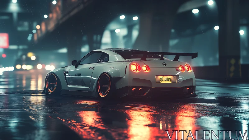 Widebody Nissan GT-R rendered in rainy neon-lit urban underpass