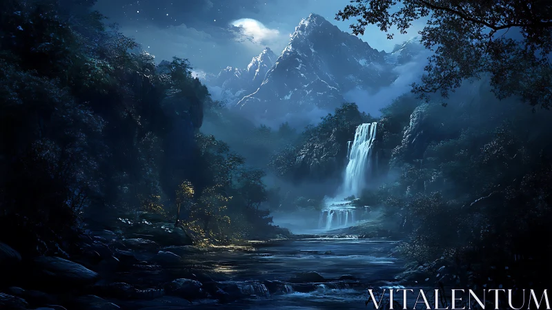 Moonlit alpine waterfall valley in cinematic blue tones.