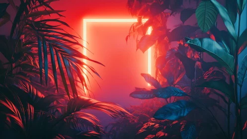 Neon rectangle glows inside dense tropical foliage.
