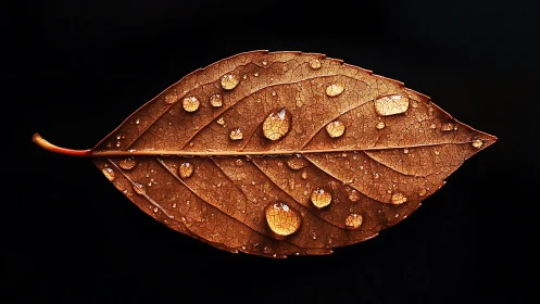 Dried brown leaf holds gleaming water droplets on black void