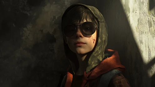 Streetlit survivor kid steadies his gaze behind bruised shades