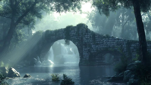 Old stone bridge over misty forest river in soft light.