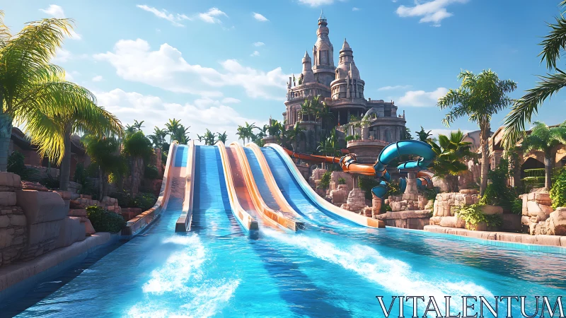Theme Park Water Slide Complex with Castle Structure.
