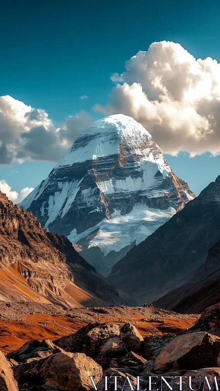 Snowcapped peak above arid valley under dramatic clouds.