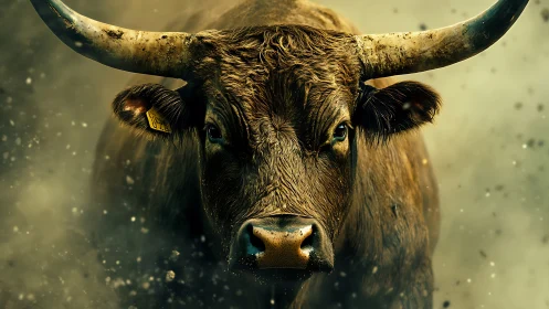 Front-facing bull stands amid airborne dust particles