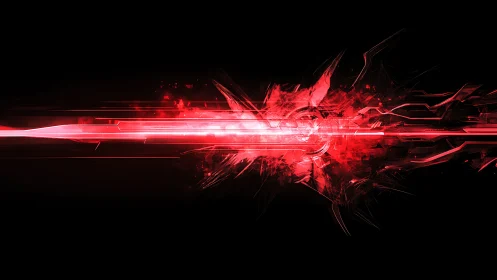 Horizontal red energy beam with abstract digital shards.