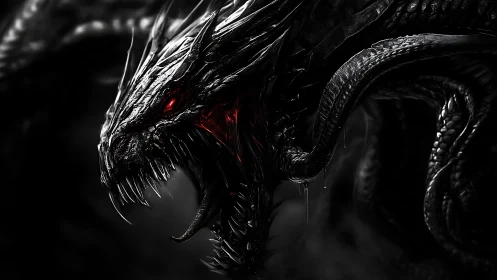 Midnight dragon rising with ember eyes and shadowed fury.