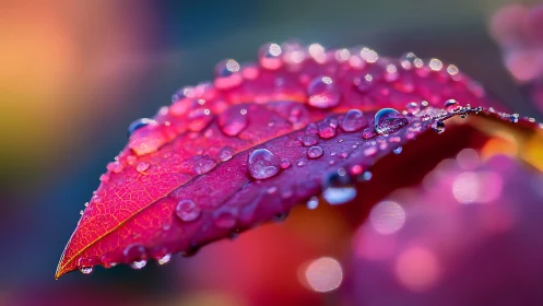 Macro analysis of dew-laden magenta leaf with bokeh highlights.