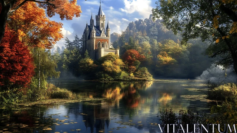 Fairytale castle rises above an autumn forest lake reflection.