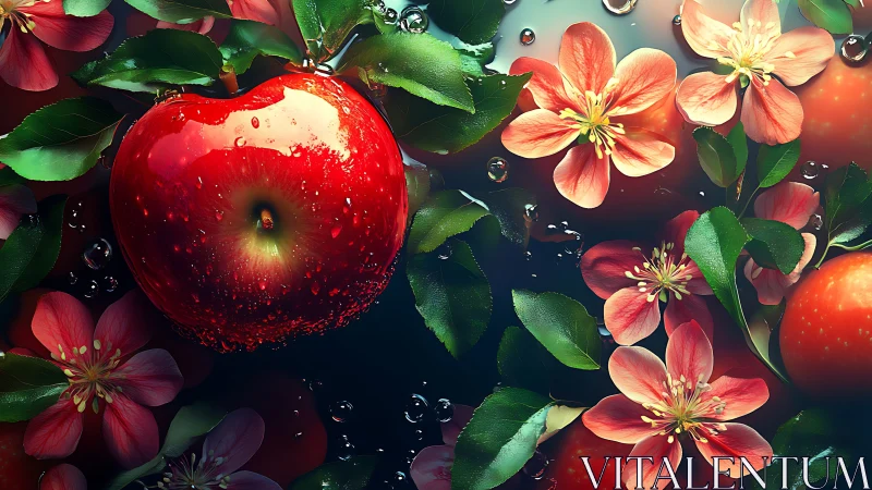 Glossy red apples float with gentle blossoms and leaves