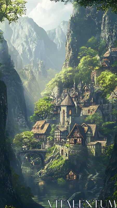 Mountain valley settlement with river, bridge, and cliffs.