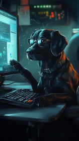Black labrador programmer at dual-screen workstation, teal glow.