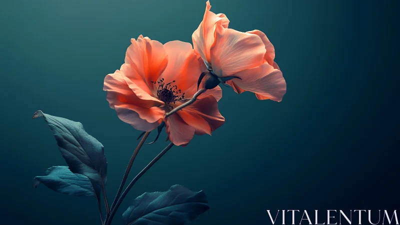 Coral Rose in Teal Harmony: Nature's Glowing Conversation.