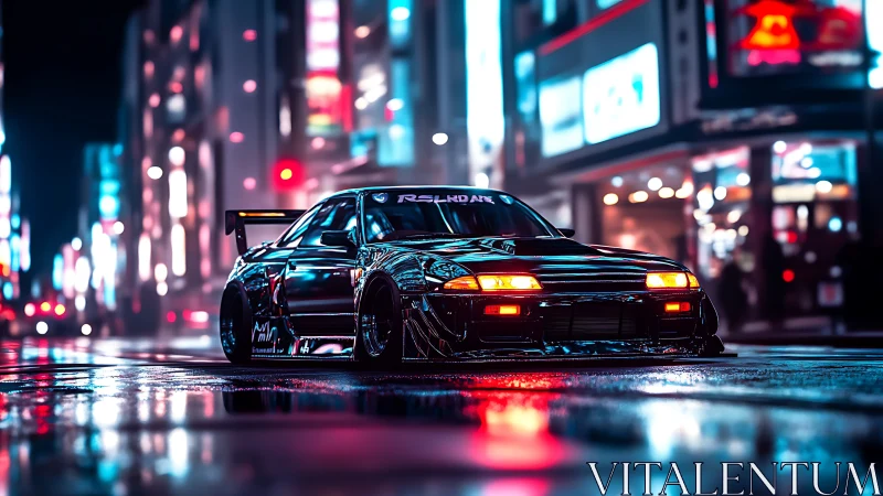 Neon-soaked street racer idling in futuristic city nightscape.