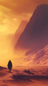 Solitary figure crossing vast sunlit desert canyon.