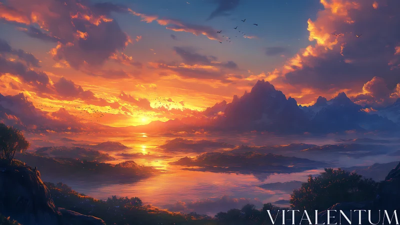 Radiant volumetric sunset over layered mountains and reflective bay