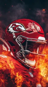 Football player in red helmet emerging through intense flames
