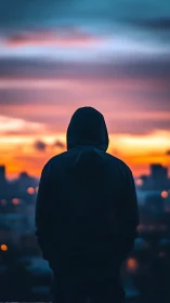 Hooded dreamer gazing over a glowing city sunset sky.