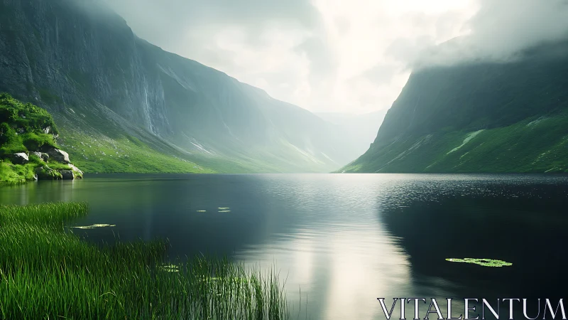 Misty green fjord reflects steep valley cliffs and soft light