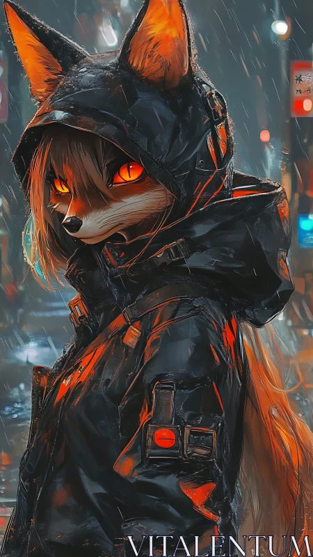 Night city fox hero walks through neon rain with quiet fire