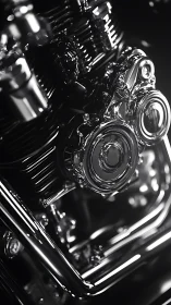 Chromed motorcycle engine detail in controlled lighting.