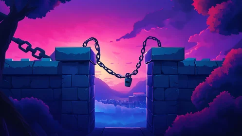 Digital painting of chained fortress gate at neon dusk.